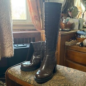 Coach Dark Brown Croc-Embossed Knee Boots size 7m
